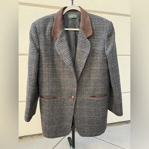 Harve Benard Brown Houndstooth Blazer with Leather Trim